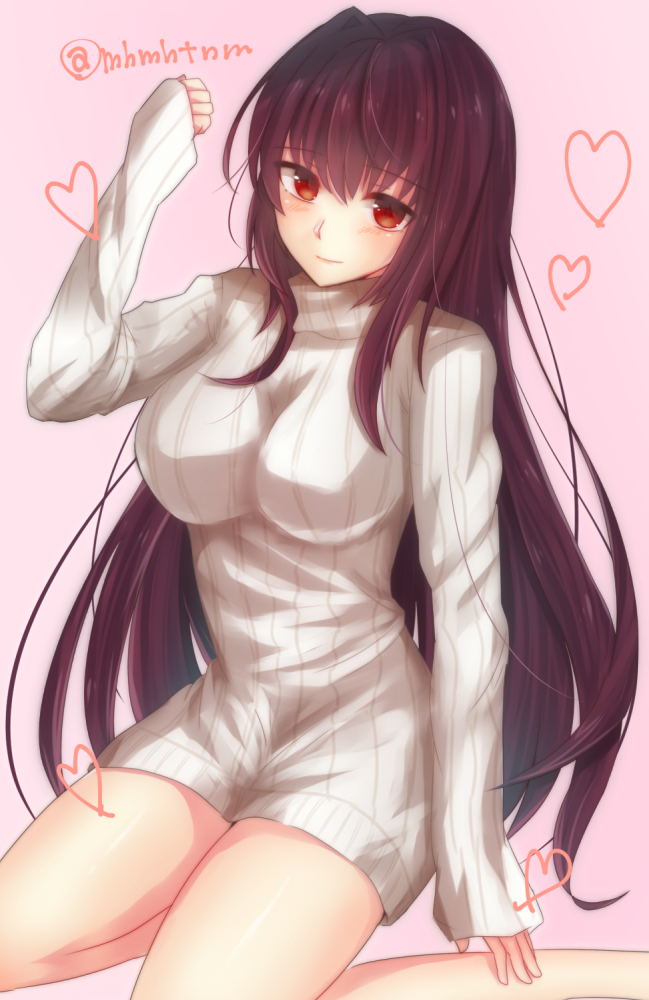 1girl, blush, breasts, dress, fate/grand_order, fate_(series), female_focus, long_hair, looking_at_viewer, mhmhtnm, purple_hair, red_eyes, ribbed_sweater, scathach_(fate), scathach_(loungewear_mode)_(fate), smile, solo, sweater, sweater_dress, tanaji, turtleneck