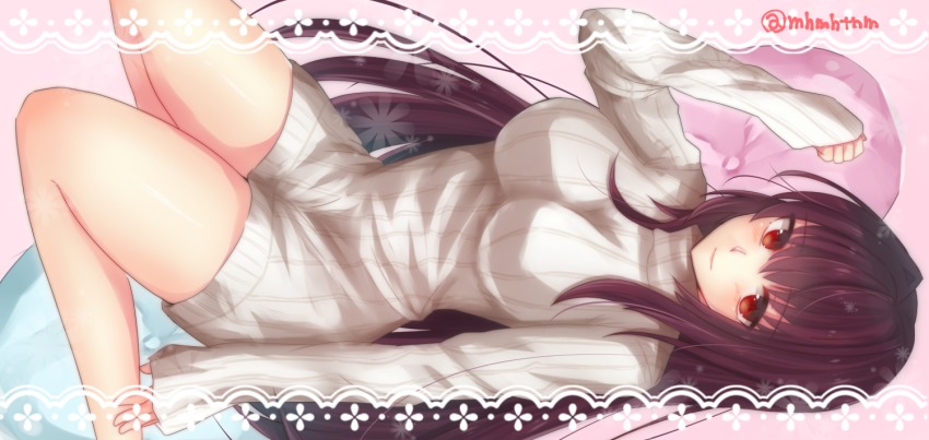 1girl, blush, breasts, fate/grand_order, fate_(series), female_focus, long_hair, looking_at_viewer, mhmhtnm, purple_hair, red_eyes, scathach_(fate), smile, solo, sweater, tanaji