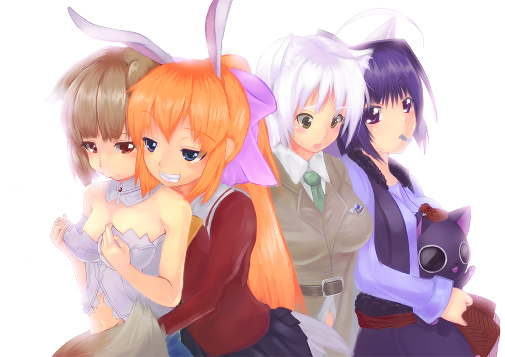 4girls, ahoge, alternate_hairstyle, animal, animal_ears, blue_eyes, blue_hair, breast_conscious
