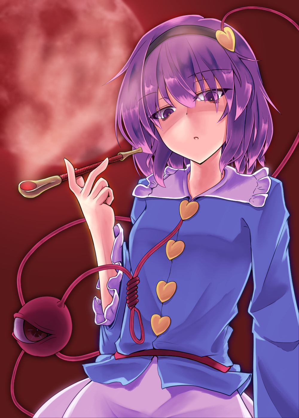 1girl, eyeball, female_focus, hairband, heart, highres, holding, holding_smoking_pipe