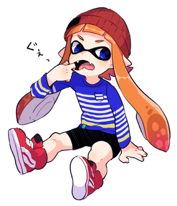 1girl, beanie, blue_eyes, fangs, female_focus, finger_in_own_mouth, hat, inkling