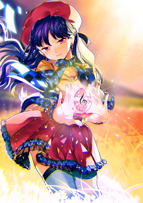 1girl, beret, blue_hair, bow, checkered_bow, checkered_clothes, female_focus, frilled_skirt