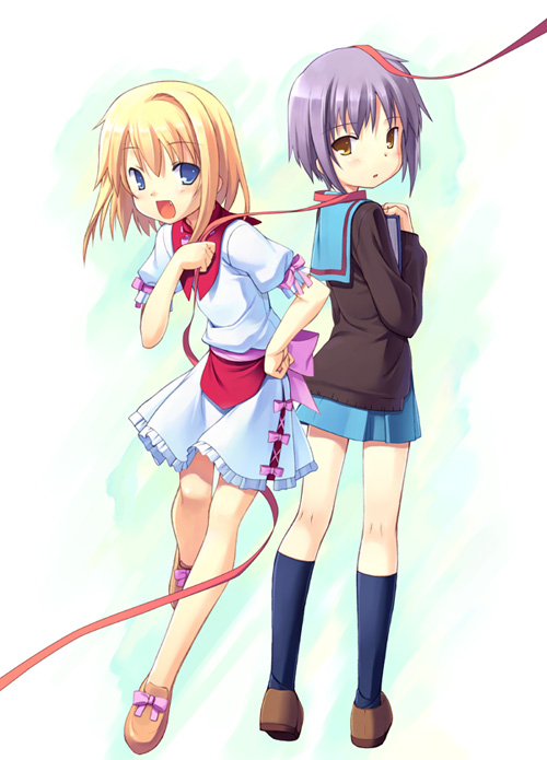 00s, 2girls, blonde_hair, blue_eyes, blue_legwear, cardigan, crossover, eternal_melody