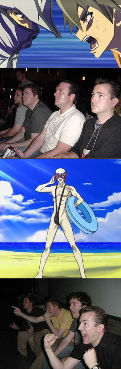 00s, 6+boys, busou_renkin, captain_bravo, fabulous, gaijin_4koma_(meme), highres, long_image, male_focus, mankini, meme, multiple_boys, mutou_kazuki, papillon, slingshot_swimsuit, swimsuit, tall_image