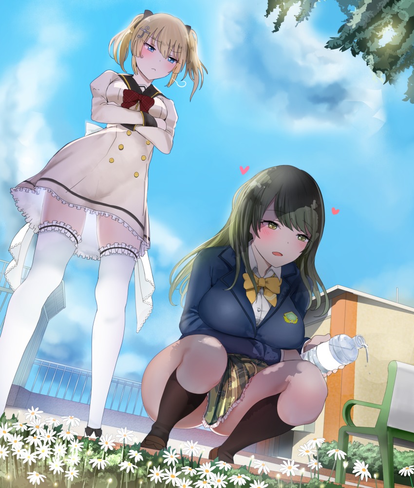 10s, 2girls, :<, absurdres, annoyed, ass, battle_girl_high_school, bench