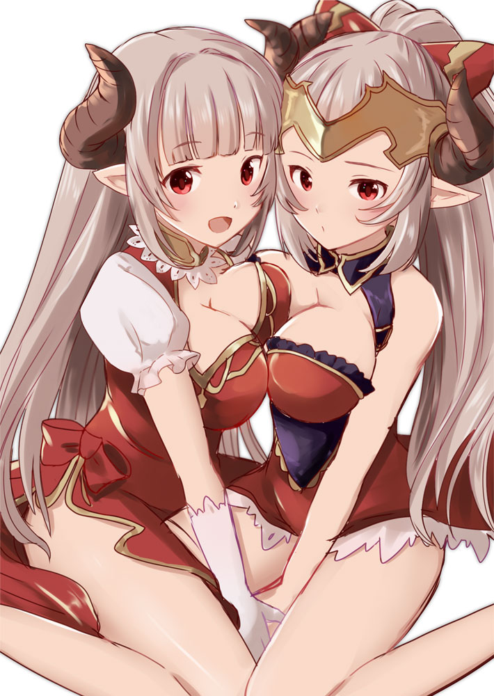 10s, 2girls, :d, alicia_(granblue_fantasy), aliza_(granblue_fantasy), asymmetrical_docking, azuma_kei, bare_shoulders, blush, breast_press, breasts, cleavage, draph, dress, gloves, granblue_fantasy, horns, large_breasts, long_hair, looking_at_viewer, mother_and_child, mother_and_daughter, multiple_girls, open_mouth, parent_and_child, pointy_ears, red_eyes, silver_hair, simple_background, sitting, sketch, smile, white_background, white_gloves