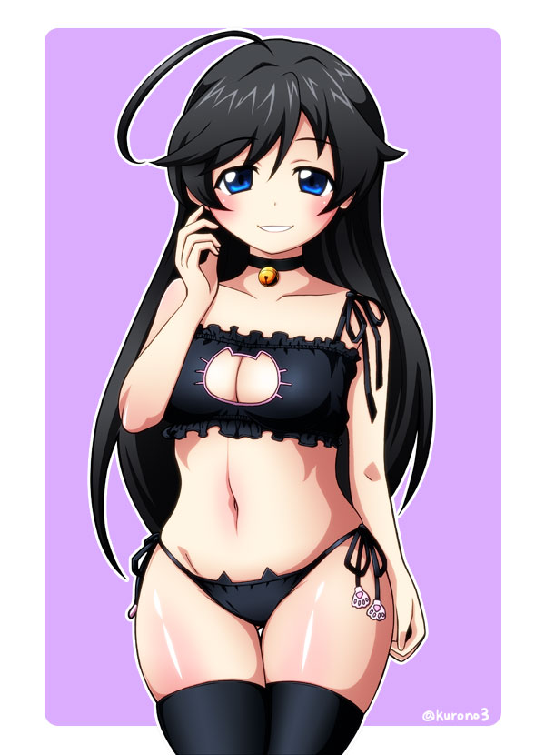 10s, 1girl, ahoge, ass, bare_shoulders, bell, black_bra, black_hair