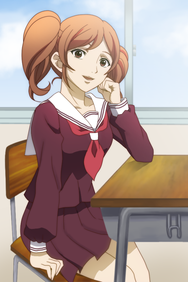 10s, 1girl, brown_eyes, brown_hair, chair, clenched_hand, desk, elbows_on_table