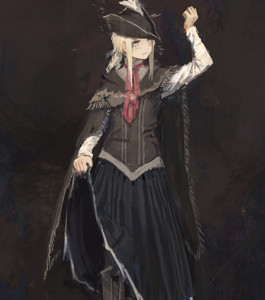 1girl, arm_up, ascot, blonde_hair, bloodborne, blush, boots, brown_background, clothes_lift, cosplay, dress, female_focus, flying_sweatdrops, hat, highres, lady_maria_of_the_astral_clocktower, long_skirt, painterly, plain_doll, plain_doll_(cosplay), shawl, shion_(mirudakemann), simple_background, skirt, skirt_lift, solo, spoilers, the_old_hunters, tricorne, wavy_mouth, yellow_eyes