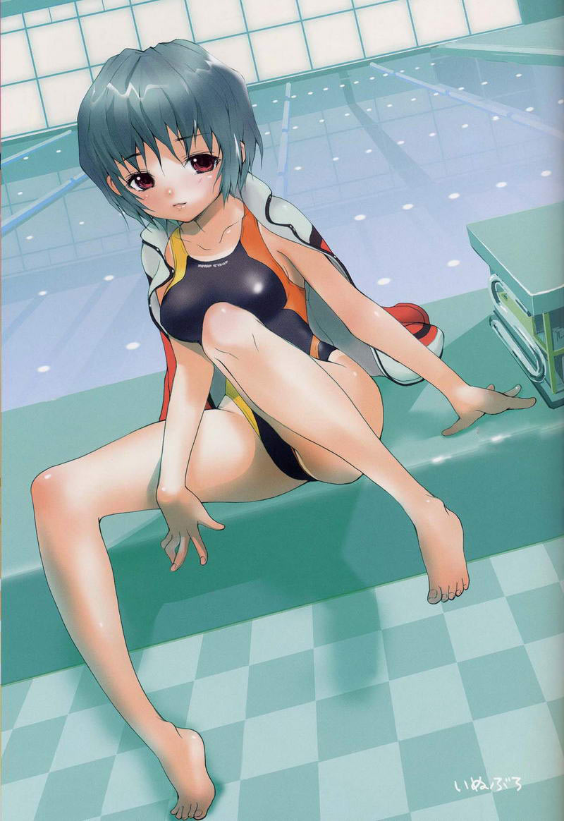 00s, 1girl, arm_support, artist_name, barefoot, blue_hair, blush, checkered_floor