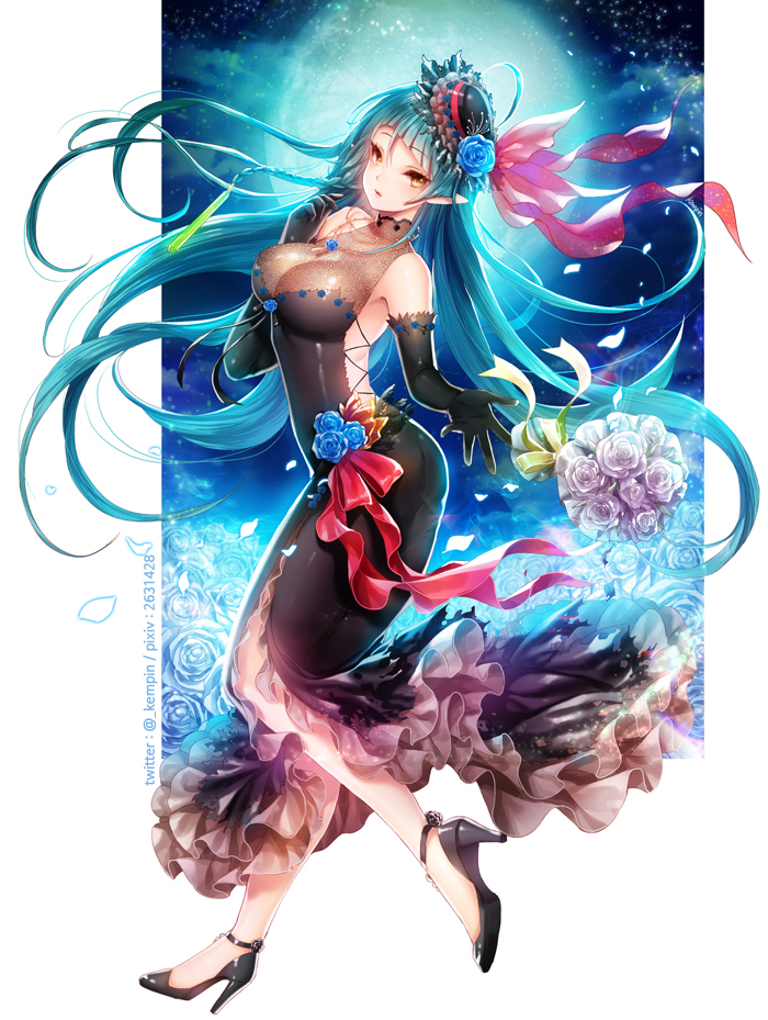 1girl, aqua_hair, black_dress, blue_flower, blue_rose, bouquet, bow, braid