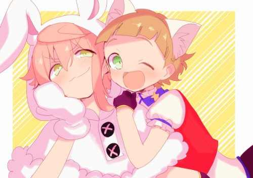 10s, 2boys, ;d, animal_ears, animal_hood, brown_hair, rabbit_hood, cat_boy