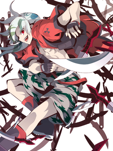 1boy, fingerless_gloves, gloves, knife, male_focus, open_clothes, open_shirt, red_eyes