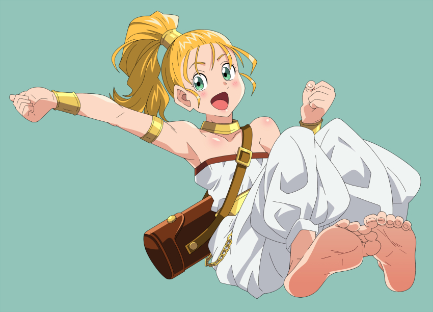 1990s_(style), 1girl, :d, armband, bare_shoulders, barefoot, blonde_hair, blush