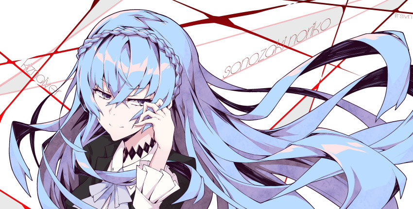 10s, 1girl, absurdres, artist_name, black_jacket, blue_eyes, blue_hair, braid