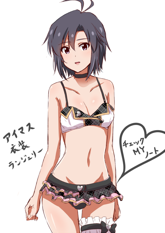 10s, 1girl, adapted_costume, ahoge, bikini, black_hair, breasts, brown_eyes, choker, cleavage, dars_(recolors), female_focus, frilled_thigh_strap, idol, idolmaster, idolmaster_(classic), idolmaster_one_for_all, kikuchi_makoto, navel, open_mouth, short_hair, solo, swimsuit, thigh_strap