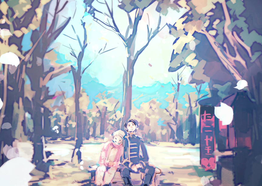 1boy, 1girl, alain_(kamen_rider_ghost), bench, dai_(mebae16), fumi-san_(kamen_rider_ghost), hat, head_on_another's_shoulder