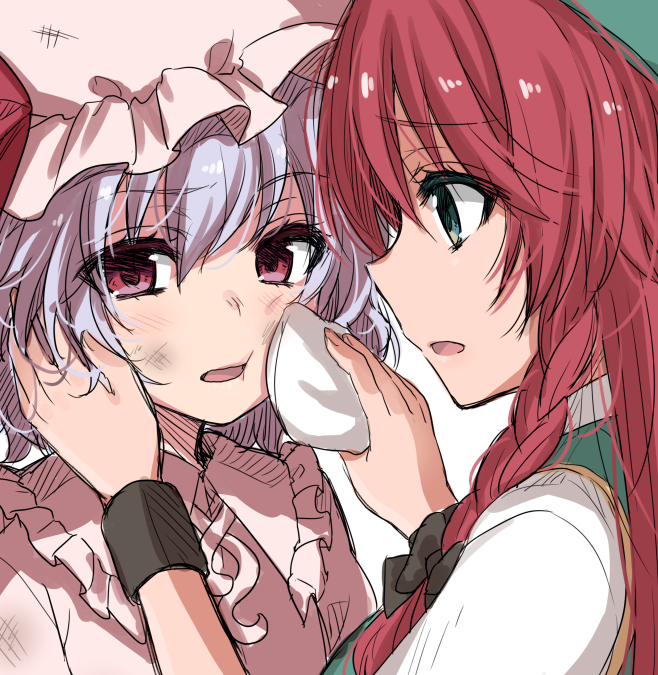 2girls, :o, :t, aqua_eyes, asa_(coco), beret, black_bow, black_bowtie, blush, bow, bowtie, braid, bruise, cleaning_face, close-up, collared_dress, dress, eyebrows, frilled_hat, frills, green_hat, green_vest, hair_between_eyes, hair_bow, hair_over_shoulder, hand_on_another's_cheek, hand_on_another's_face, hat, holding, hong_meiling, injury, light_purple_hair, looking_at_another, looking_to_the_side, mob_cap, multiple_girls, pink_dress, profile, red_eyes, red_hair, remilia_scarlet, shirt, short_hair, short_sleeves, silver_hair, single_braid, sweatband, tareme, touhou, underwear, upper_body, vest, white_shirt, wiping_face