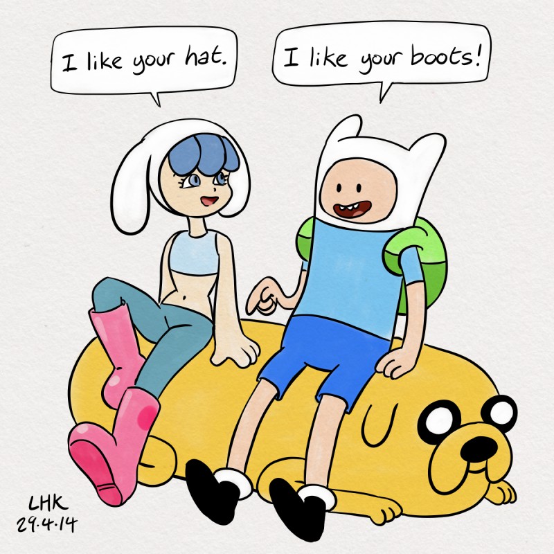 00s, 1boy, 1girl, adventure_time, animal_ears, artist_name, backpack, bag