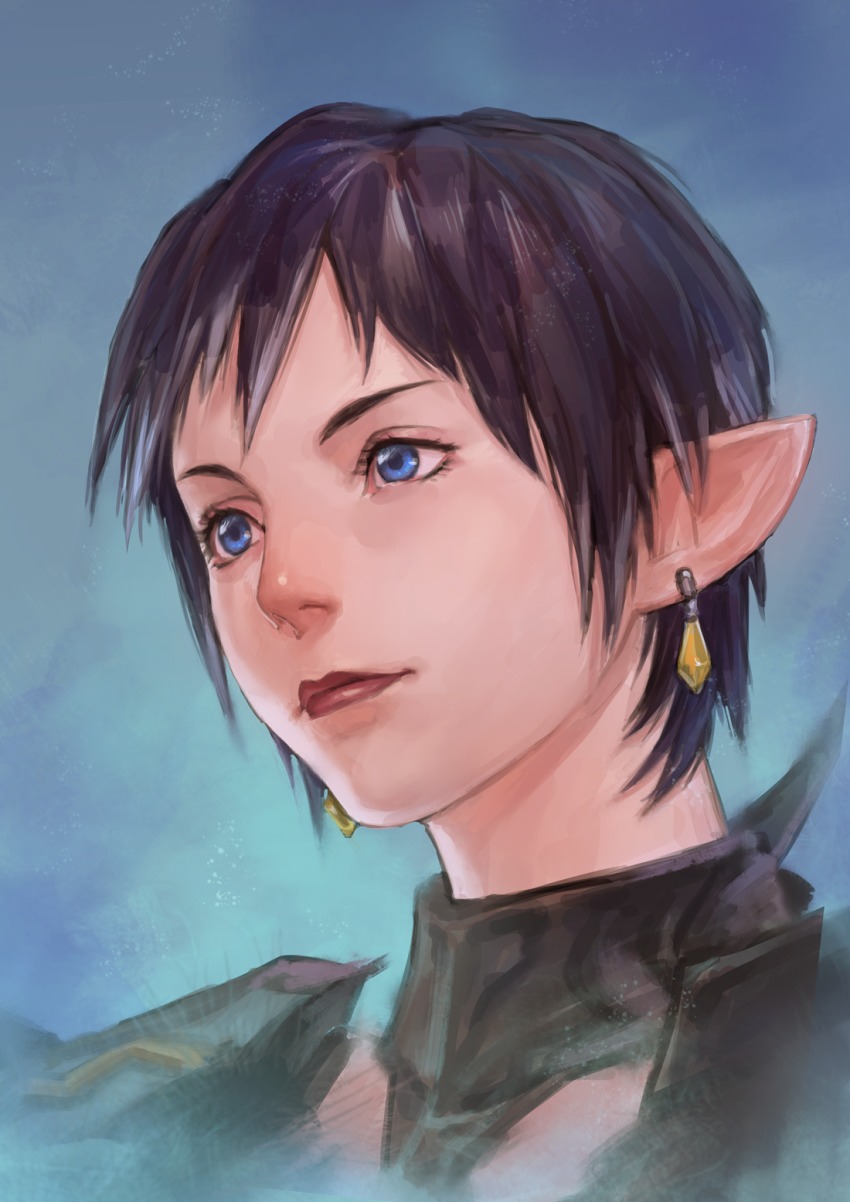 10s, androgynous, armor, black_hair, blue_eyes, crystal_earrings, earrings, elezen