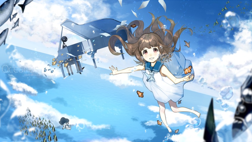 1girl, angelfish, bare_shoulders, barefoot, brown_hair, bubble, cloud, clownfish