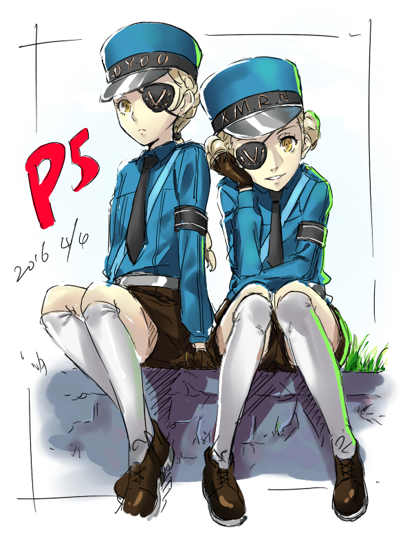 10s, 2girls, caroline_(persona_5), dated, eyepatch, hat, justine, justine_(persona_5)