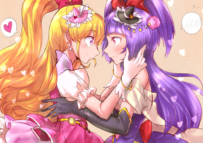 2girls, asahina_mirai, blonde_hair, cure_magical, cure_miracle, eye_contact, gloves, hat, heart, izayoi_liko, long_hair, looking_at_another, magical_girl, mahou_girls_precure!, mini_hat, mini_witch_hat, multiple_girls, precure, profile, purple_eyes, purple_hair, red_eyes, sketch, speech_bubble, spoken_heart, tsuru_ringo, white_gloves, witch_hat, yuri