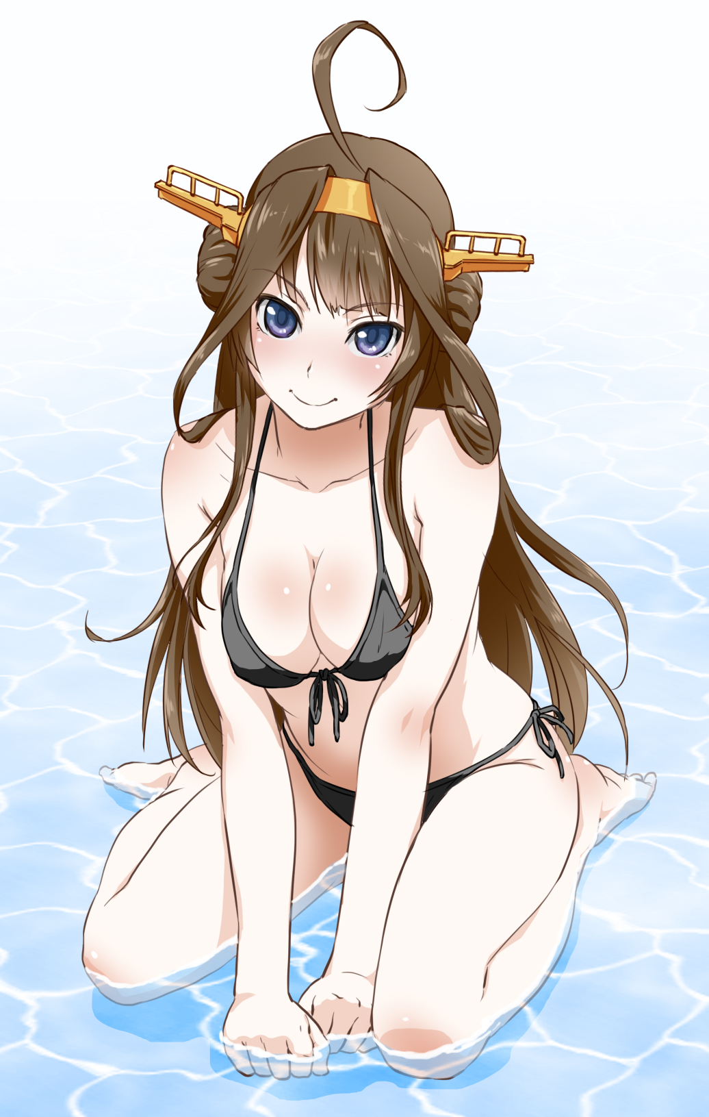 10s, 1girl, ahoge, alternate_costume, bare_arms, bare_legs, barefoot, bikini