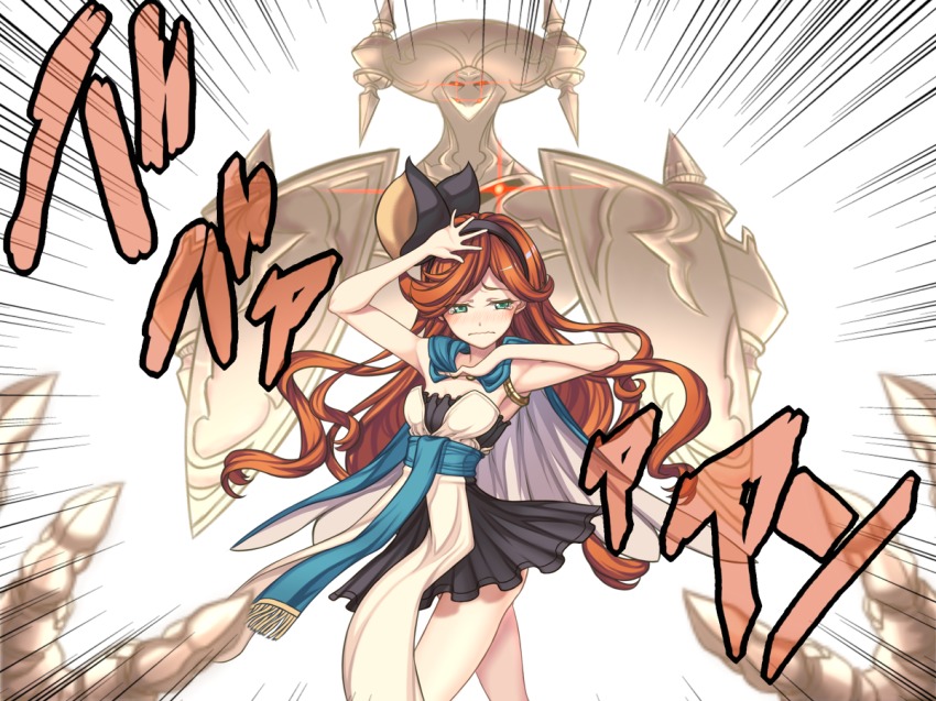 1girl, blush, dress, glowing, glowing_eyes, grafos, granblue_fantasy, green_eyes, hairband, half-closed_eyes, jojo_no_kimyou_na_bouken, jojo_pose, long_hair, looking_at_viewer, orange_hair, parody, red_eyes, salamandinay, sara_(granblue_fantasy), stand_(jojo), tears, wavy_mouth, you-ki_(youki_free)