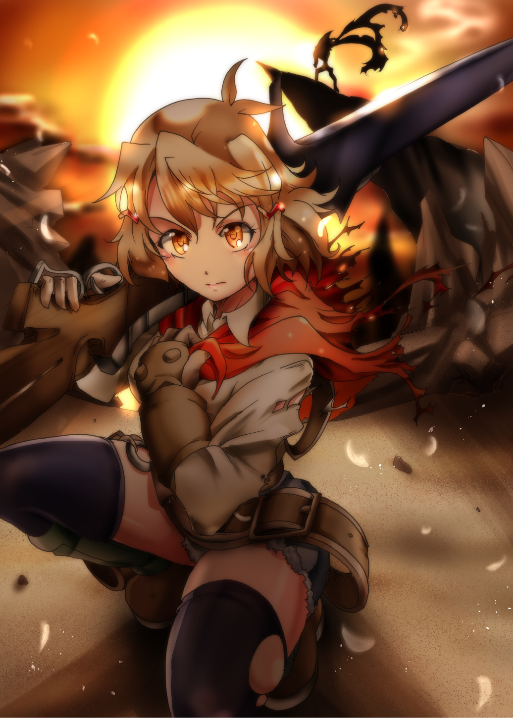 ashley_winchester, ashley_winchester_(cosplay), bayonet, cliff, cosplay, denim, denim_shorts, glin, glint, gloves, gun, highres, knight_blazer, rifle, scarf, senki_zesshou_symphogear, shorts, suga_leon, sunset, sword, tachibana_hibiki_(symphogear), thighhighs, torn_clothes, torn_legwear, weapon, wild_arms, wild_arms_2
