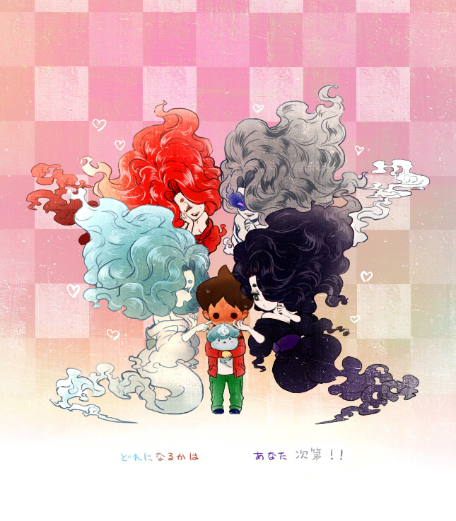 10s, 1boy, 4girls, amano_keita, aqua_hair, bad_id, bad_pixiv_id, bare_shoulders