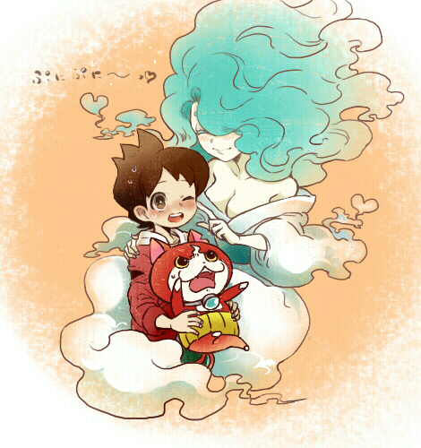 10s, 1boy, 1girl, amano_keita, bad_id, bad_pixiv_id, bare_shoulders, blush, breasts, brown_hair, cat, cleavage, cyanblue, enraenra_(youkai_watch), closed_eyes, hair_over_one_eye, haramaki, japanese_clothes, jibanyan, kimono, large_breasts, long_hair, lowres, monster_girl, multiple_tails, notched_ear, one_eye_closed, open_mouth, short_hair, smile, tail, two_tails, traditional_youkai, youkai_watch