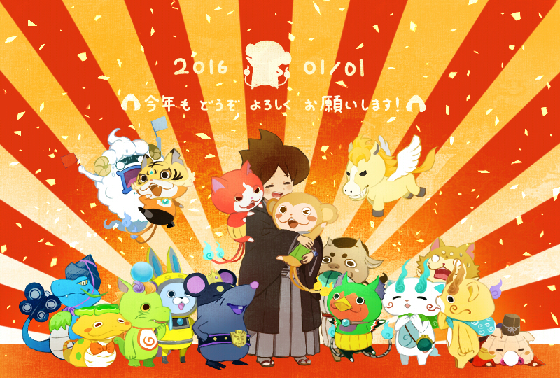 10s, 1boy, abbreviated_karakusa, animal_ears, bad_id, bad_pixiv_id, blue_lips, blush_stickers, bow, bowtie, cat, closed_eyes, coin_purse, cyanblue, dated, food, furoshiki, ghost, hakama, hakama_skirt, haori, haramaki, helmet, horse, inunyan, japanese_clothes, jibanyan, jikochuu_(youkai_watch), kijinyan, komajirou, komasan, kotoyoro, kudan_(youkai_watch), luchador, luchador_mask, magasus, mask, maskednyaan, monkey, mouse_(animal), multiple_tails, nebuta_(a), new_year, notched_ear, one_eye_closed, onigiri, open_mouth, pegasus, rabbit_ears, ryuu-kun, sarunyan, skirt, snake, spacesuit, standing, sunburst, sunesnake, tail, traditional_youkai, tsuchinoko_(youkai_watch), two_tails, usapyon, whisper_(youkai_watch), youkai_watch