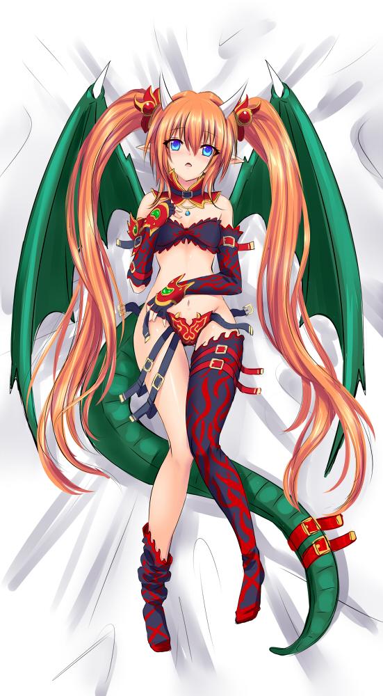 1girl, bare_shoulders, bikini, bikini_top_only, black_bra, black_gloves, blue_eyes, blush, bra, breasts, choker, detached_collar, dragon_girl, dragon_horns, dragon_tail, dragon_wings, elbow_gloves, female_focus, fingerless_gloves, full_body, gloves, hair_ornament, hijikawa_arashi, horns, jewelry, knees_together_feet_apart, looking_at_viewer, lying, navel, on_back, on_bed, open_mouth, orange_hair, panties, pendant, pointy_ears, red_panties, shironeko_project, short_hair_with_long_locks, side-tie_panties, single_thighhigh, small_breasts, solo, swimsuit, tail, tetra_(shironeko_project), thighhighs, triangle_mouth, twintails, two_side_up, underwear, untied_panties, wings