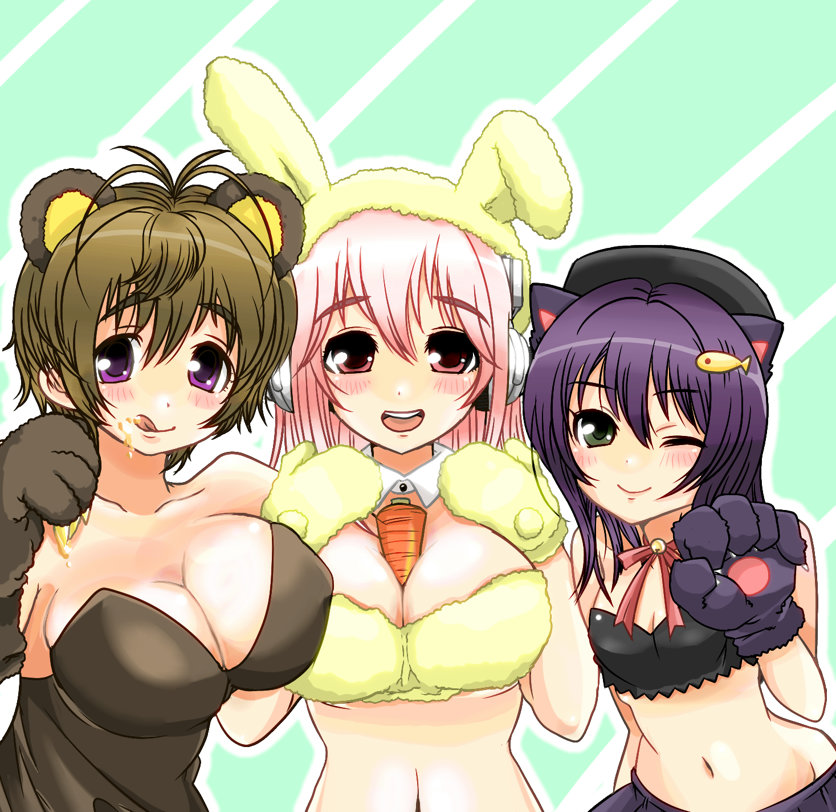 3girls, :q, animal_ears, animal_hands, bear_ears, bear_paws, between_breasts, black_hair, blush, breasts, brown_hair, carrot, cat_ears, cat_paws, cleavage, collar, fake_animal_ears, food, fujimi_suzu, gloves, green_eyes, hat, headphones, honey, jinusunako, large_breasts, licking_lips, long_hair, looking_at_viewer, multiple_girls, navel, nitroplus, one_eye_closed, open_mouth, paw_gloves, paw_pose, pink_eyes, pink_hair, purple_eyes, rabbit_ears, short_hair, smile, super_sonico, tongue, tongue_out, watanuki_fuuri