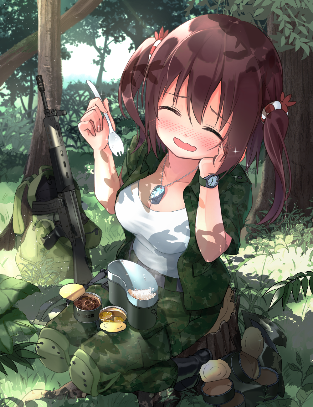 10s, 1girl, ^_^, assault_rifle, blush, boots, breasts, brown_hair, camouflage, can, closed_eyes, dog_tags, eating, ebina_nana, female_focus, field_ration, forest, grass, gun, hand_on_own_cheek, hand_on_own_face, highres, himouto!_umaru-chan, japan_ground_self-defense_force, japan_self-defense_force, knee_pads, large_breasts, long_hair, meso-meso, military, military_uniform, nature, open_mouth, outdoors, pants, ration, rifle, shirt, sitting, smile, solo, tree, tree_stump, twintails, watch, wavy_mouth, weapon, woodland_camouflage, wristwatch