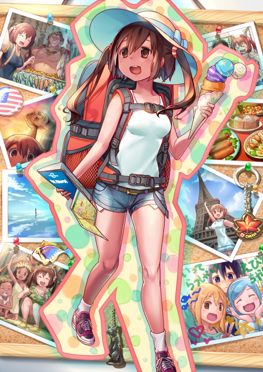 10s, :3, :d, backpack, bag, bare_shoulders, blonde_hair, blue_hair, blush, brown_eyes, brown_hair, buddha, denim, denim_shorts, doma_umaru, ebina_nana, eiffel_tower, closed_eyes, food, hairband, hat, highres, himouto!_umaru-chan, ice_cream, long_hair, looking_at_viewer, map, motoba_kirie, multiple_girls, open_mouth, photo_(object), ponytail, purple_eyes, purple_hair, red_eyes, selfie, shoes, shorts, smile, sneakers, socks, sun_hat, tachibana_sylphynford, tank_top, travel, twintails, wavy_mouth, white_legwear, yuukoo