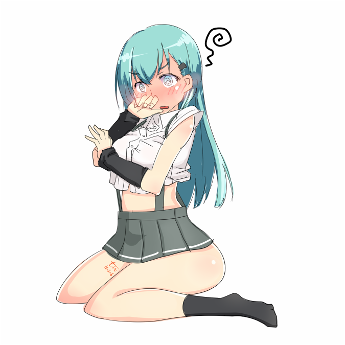 1girl, @_@, alternate_costume, alternate_eye_color, aqua_hair, arm_warmers, asashio_(kancolle), asashio_(kancolle)_(cosplay)