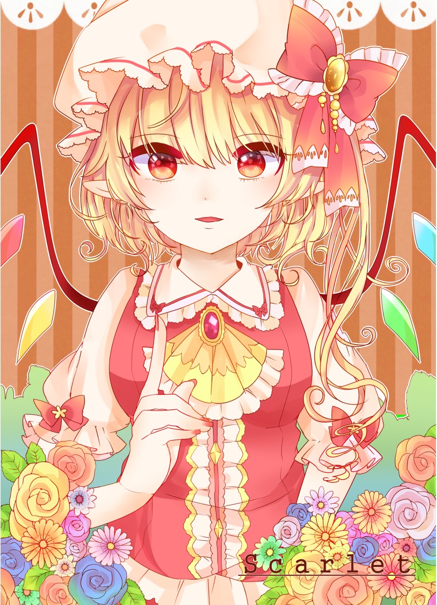 1girl, absurdres, ascot, blonde_hair, blush, brooch, center_frills, emico