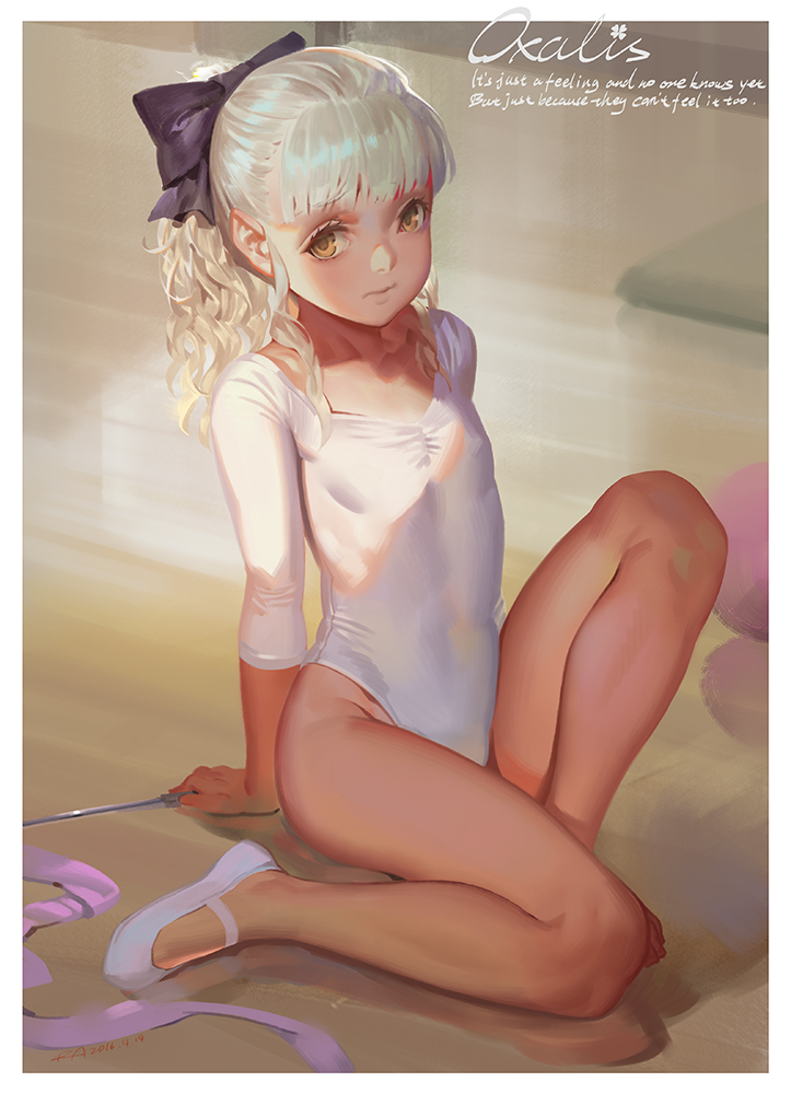 1girl, alphonse_(white_datura), arm_support, athletic_leotard, ballerina, ballet_slippers, bare_legs, barefoot, blonde_hair, bow, brown_eyes, covered_erect_nipples, female_focus, flat_chest, full_body, gymnastics, hair_bow, highleg, highleg_leotard, leaning_back, legs, leotard, loli, long_hair, looking_at_viewer, no_socks, original, ponytail, rhythmic_gymnastics, ribbon, ribbon_baton, shoes, single_shoe, sitting, solo, toes, white_hair, yellow_eyes