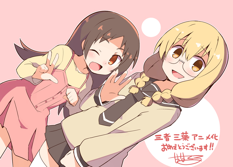 2girls, :d, ;d, announcement_celebration, blonde_hair, brown_hair, glasses, hayama_teru
