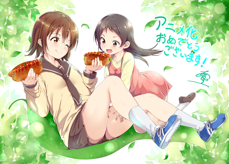 2girls, ;p, alp, announcement_celebration, brown_hair, hot_dog, long_hair, multiple_girls, odagiri_futaba, one_eye_closed, open_mouth, sansha_san'you, school_uniform, serafuku, short_hair, skirt, tongue, tongue_out, translated, usuda_sakura