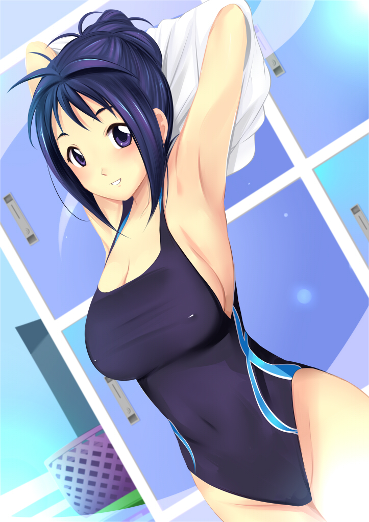 1girl, arms_up, blue_hair, competition_swimsuit, covered_navel, dutch_angle, katagiri_ayako, katori_(mocchidou), laundry_basket, locker, locker_room, one-piece_swimsuit, parted_lips, purple_eyes, swimsuit, tokimeki_memorial, tokimeki_memorial_1, undressing