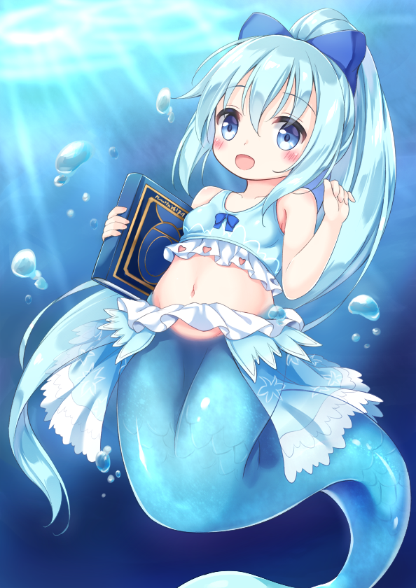 1girl, :d, akiomoi, bikini, bikini_top_only, blue_background, blue_bikini, blue_bow