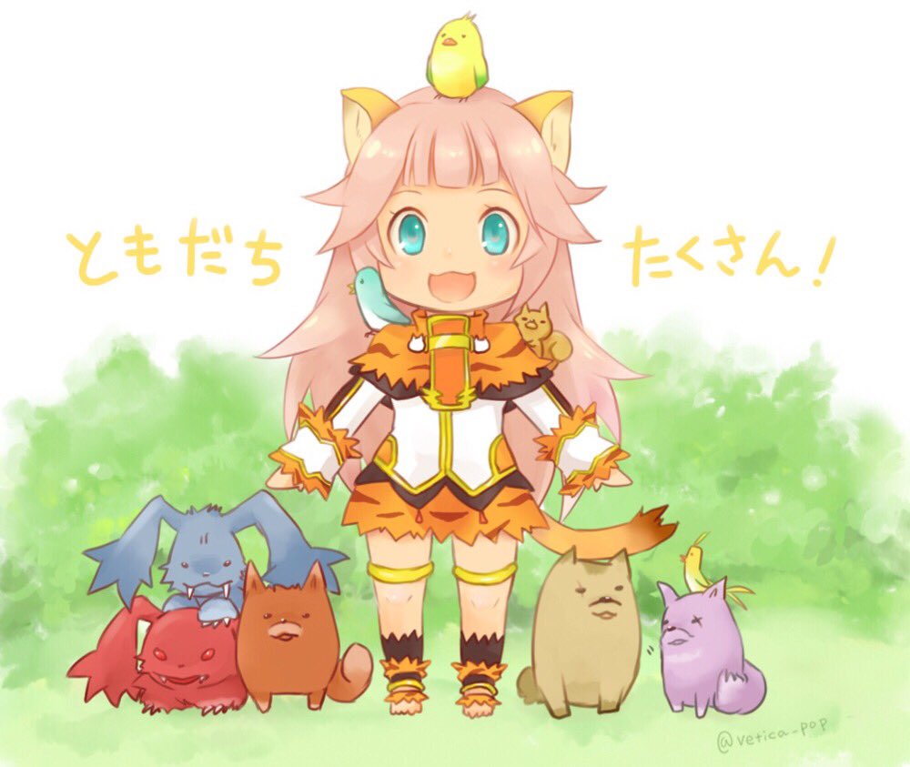 1girl, :3, animal, animal_ears, animal_on_head, animal_on_shoulder, barefoot, bird, bird_on_head, bird_on_shoulder, blue_eyes, blush, creature, farfalia, female_focus, full_body, lion_ears, lion_tail, long_hair, on_head, pink_hair, pleated_skirt, pop-up_story, skirt, solo, squirrel, tail, toeless_legwear, toes, vetica