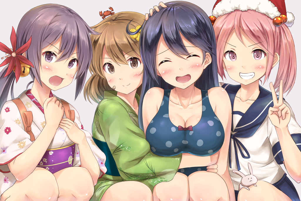 10s, 4girls, :d, ^_^, akebono_(kancolle), akebono_(new_year)_(kancolle), bandaid, bandaid_on_face, bare_shoulders, bell, black_hair, blue_one-piece_swimsuit, blush, breasts, brown_eyes, brown_hair, cleavage, closed_eyes, collarbone, crab, floral_print, flower, girl_sandwich, green_kimono, grin, hair_bell, hair_flower, hair_ornament, hat, hug, ichikawa_feesu, japanese_clothes, jingle_bell, kantai_collection, kimono, large_breasts, long_hair, multiple_girls, obi, oboro_(kancolle), oboro_(yukata)_(kancolle), one-piece_swimsuit, open_mouth, pink_hair, polka_dot, polka_dot_swimsuit, rabbit, sandwiched, santa_hat, sash, sazanami_(kancolle), school_uniform, serafuku, short_hair, sleeveless, smile, swimsuit, swimsuit_under_clothes, tasuki, twintails, ushio_(kancolle), ushio_(swimsuit)_(kancolle), v, yukata