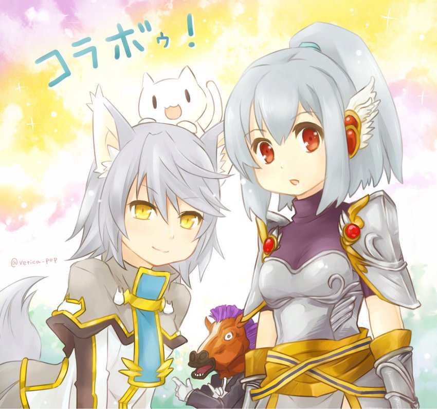 2girls, :3, animal_ears, cat, crossover, highres, horse_mask, mask