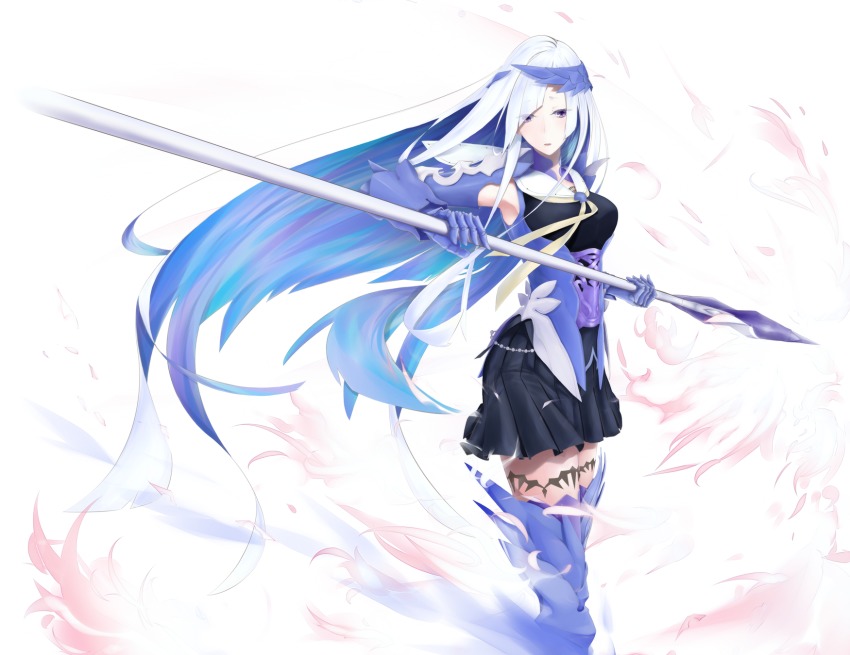 1girl, armor, boots, breasts, brynhild_(fate), dress, fate/grand_order, fate/prototype, fate/prototype:_fragments_of_blue_and_silver, fate_(series), female_focus, gauntlets, hair_over_one_eye, highres, long_hair, multicolored_hair, polearm, purple_eyes, silver_hair, skirt, solo, spear, suguru_(a129214673), thighhighs, very_long_hair, weapon, white_background