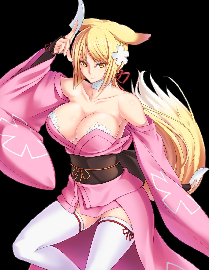 >:), 1girl, abe_no_seimei_(eiyuu_senki), absurdres, animal_ears, bare_shoulders, blonde_hair, breasts, choker, cleavage, collarbone, cowboy_shot, detached_sleeves, eiyuu_senki, eyeshadow, female_focus, fox_ears, fox_tail, hair_ornament, hair_ribbon, highres, japanese_clothes, kimono, large_breasts, long_hair, long_sleeves, looking_at_viewer, low_ponytail, makeup, momiji_mikan, no_bra, obi, off_shoulder, ofuda, ponytail, red_ribbon, ribbon, sash, smile, solo, strapless, tail, thighhighs, transparent_background, tsurime, v-shaped_eyebrows, white_background, white_thighhighs, wide_sleeves, yellow_eyes