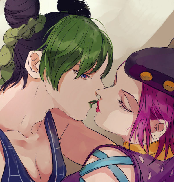 2girls, bad_id, bad_pixiv_id, black_hair, blue_eyes, braid, breasts, cleavage, cone_hair_bun, double_bun, eyebrows, eyelashes, closed_eyes, genderswap, genderswap_(mtf), green_hair, green_lips, hair_bun, hat, imminent_kiss, jojo_no_kimyou_na_bouken, kilva_lollop, kuujou_jolyne, lipstick, makeup, medium_breasts, multicolored_hair, multiple_girls, narciso_anasui, pink_hair, red_lips, short_hair, two-tone_hair, yuri